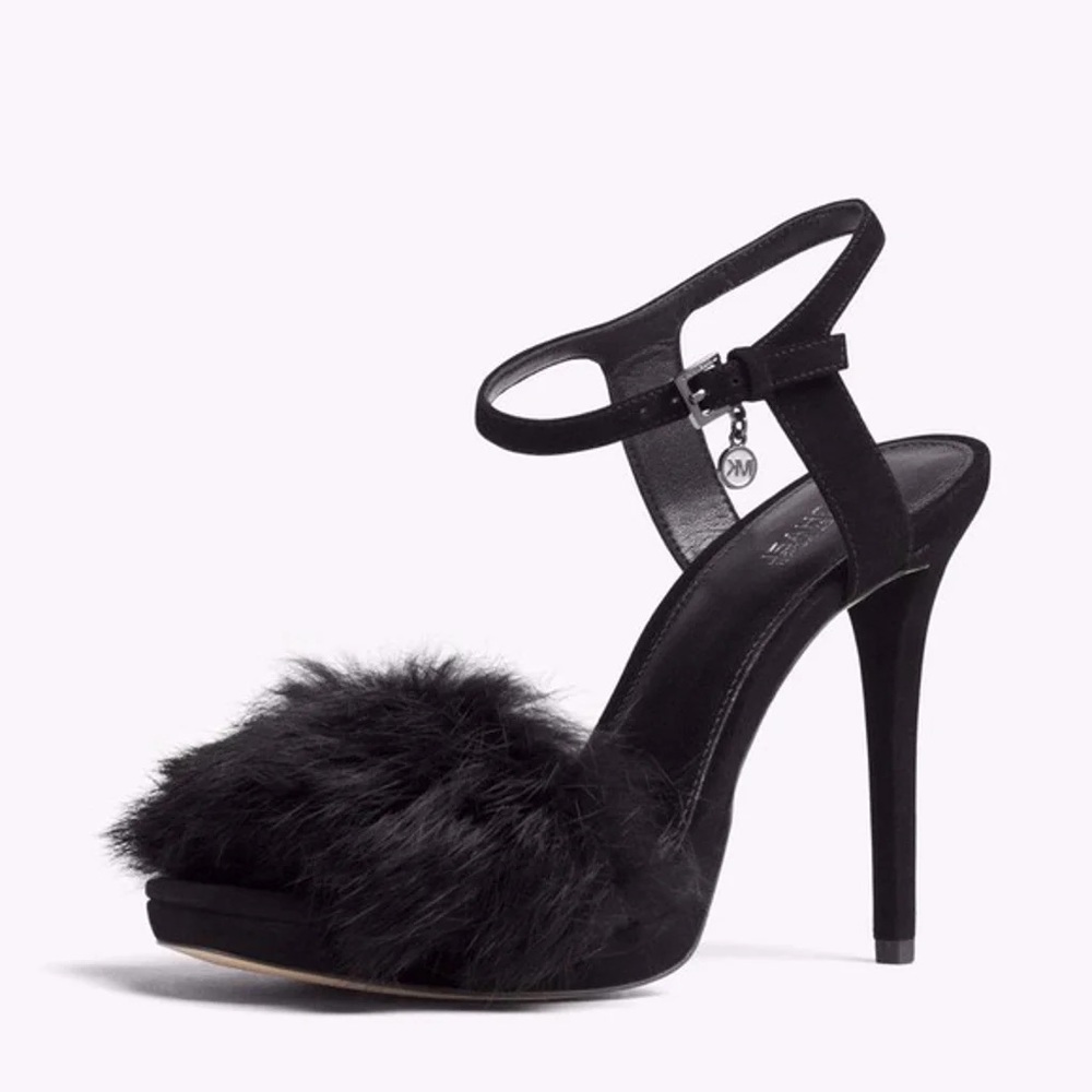 NWOT Michael Kors Faye Fur Sandal Suede Black Silver Charm Ankle Strap Open Toe